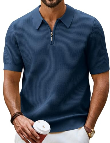PJ PAUL JONES Mens Polo Shirts Short Sleeve Quarter Zip Shirt Golf Tshirts | Breathable Knitted Polos for Summer,Ribbed Textured