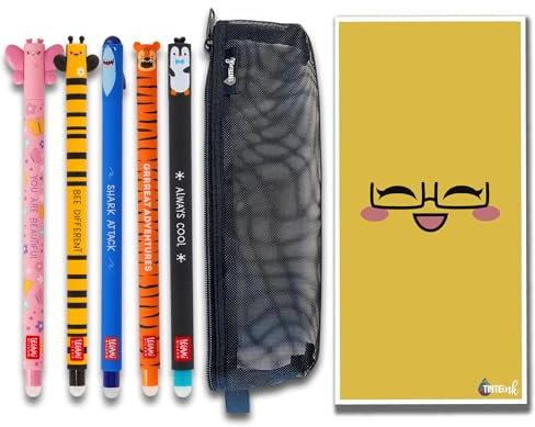 Legami Radierbare Stifte-Sets mit niedlichem Umschlag und Netz-Federmäppchen. - (Hai, Biene, Pinguin, Schmetterling und Tiger)