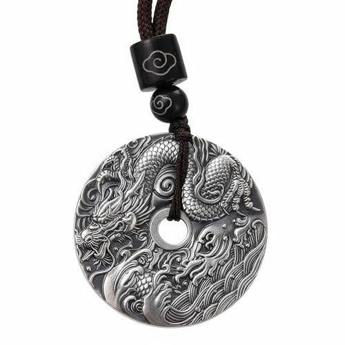 Chiorgone Sterling Silver Chinese Zodiac Dragon Plate Pendant Necklace, Pure Silver Guochao Style Medallion with Zodiac Animal Charms (Year of Dragon Gift for Men & Women, Lucky Charm Jewelry)