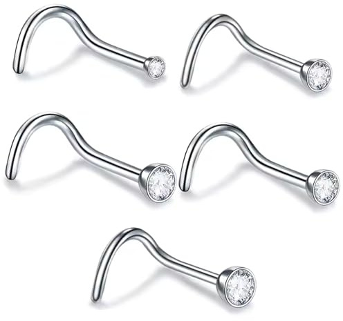 5 PCS Nose Studs,1.5mm 2mm 2.5mm 3mm 3.5mm Nose Rings, Hypoallergenic Stainless Steel L Shaped Nose Stud Sterling Silver, Tiny CZ Crystal Diamond Small Nose Studs, Plain Nose Stud, Nose pins for Women