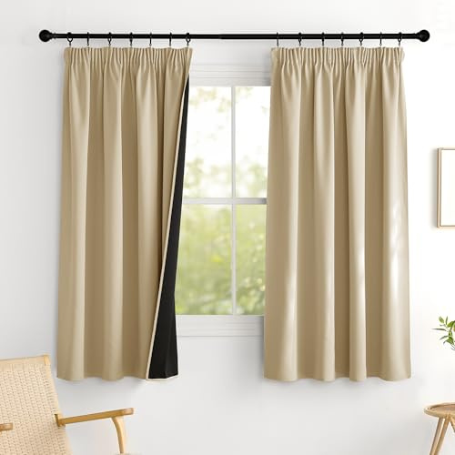 PONY DANCE Verdunkelungsvorhang für Schiene 2er Set H 160 x B 140 cm Schlafzimmer Gardinen mit Kräuselband Blickdicht Kurze Thermovorhänge Hitzeschutz, Biscotti Beige