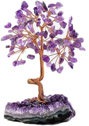 Fengshuis Arbre d'argent bonsaï en verre avec base en grappe d'améthystes pour richesse et prospérité, décoration de bureau pour la maison et le bureau