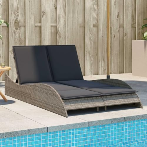 IKAYAA Sonnenliege für 2 Personen 3-Fach Verstellbar Doppelliege Outdoor 2 Personen Sonnenbett Outdoor Bett Polyrattan Liegestuhl Garten Relaxliege mit Auflagen 114 x 205 x 73 cm, Grau