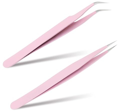 Dreamil Lot de 2 pinces à épiler professionnelles en acier inoxydable pour extensions de cils (rose)