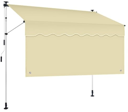 Verstellbarer Balkon-Sonnenschutz, für den Außenbereich, Klemmmarkise mit Sichtschutz, Teleskoprahmen, ohne Bohren, UV-beständiger Stoff (Beige + Weiß, 4 m)