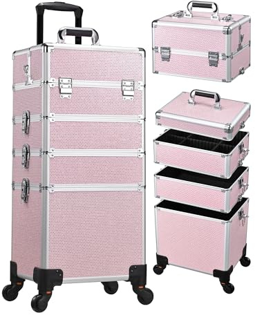 Costravio 5 in 1 Rolling Makeup Case on Wheels Large Cosmetology Case Organizer Beauty Cosmetic Train Case Travel Nail Cart for Make-up Studio Hair Salon, Pink Rhinestone
