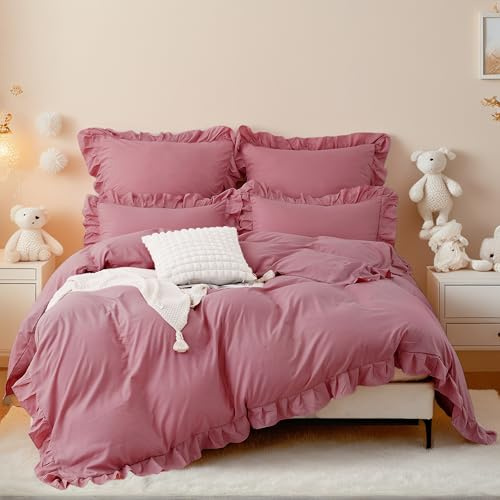 TOCOMOA Rüschen Bettwäsche 135x200 Mädchen, Aesthetic Bettwäsche-Sets Mikrofaser, Öko-Tex Zertifiziert, Weich Dunkelrosa Bettbezug mit Reißverschluss, Kopfkissenbezug 80x80cm