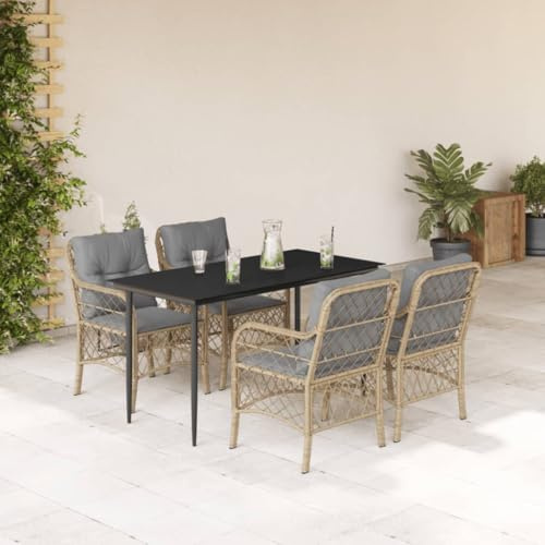 QJBSAVVA 5-TLG. Garten-Essgruppe Poly Rattan 140 x 70 cm Tischplatte aus Hartglas Modernes Design Robust und Langlebig für Balkon Terrasse Garten Lounge