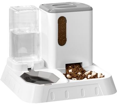 Automatic Pet Feeder 2-in-1 Food and Water Dispenser – Gravity Feeder for Cats & Dogs,with 2.2L Grain storage bucket and 1.3L water tank (Grey and White)