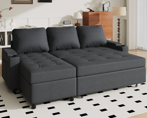JUMMICO Canapé Convertible, Canapé d'angle Convertible avec Rangement, Canape 3 Places Canapé Lit avec Accoudoirs Multifonctionnel pour Salon, Bureau et Petit Appartement, Gris