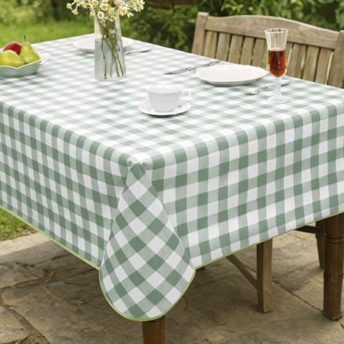 FIBORIA Sage Green Outdoor Gingham Vinyl Table Cloth Wipe Clean Waterproof rectangular 140×200 cm Heavy Duty PVC Table Cover Oilcloth,Reinforced Hem,for Garden Dining,Patio,Balcony,Kitchen,Picnic