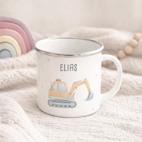 hellomini Personalisierte Emaille Tasse für Kinder, Kindertasse mit Wunschmotiv, Kinderbecher mit Namen, Geschenk zum Geburtstag für Mädchen und Jungs, (Bagger)