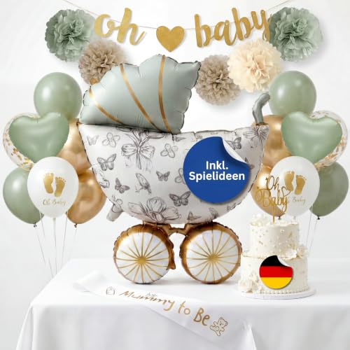 Babyparty Deko Neutral Grün Gold, Baby Shower Deko Set Junge Mädchen mit Oh Baby Banner, Ballons, Papierblumen, Mummy to Be Schärpe & Kinderwagen-Ballon, Gender Reveal Party Babyshower Deko