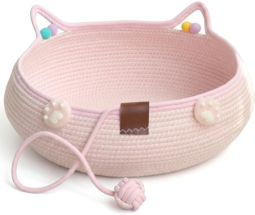 StaZamor Handwoven Cat Basket Bed with Attached Toy Ball, 3-in-1 Rest, Scratch & Play Instinct Toy for Cats, 18x6 Inch, Cozy Hideaway
