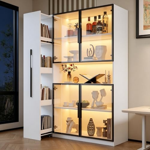 Merax Glasvitrine 110x35x160 cm mit LED-Beleuchtung, ausziehbaren Regalen, Schubladen, für Wohnzimmer und Küche, Weiß