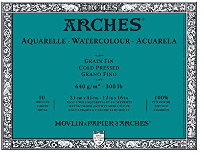 Arches Blocco Per Acquerello Incollato 4 Lati (10 Fogli) - Grana Fina - 640 G/Mq - 31X41 cm