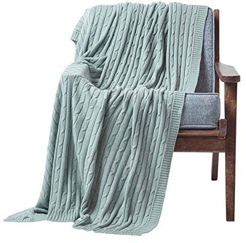 HOMESCAPES Duck Egg Blue Cable Knit Throw 130 x 170 cm Combed Cotton Soft and Cosy Blanket Bed and Sofa Throw For Armchairs and Single Beds
