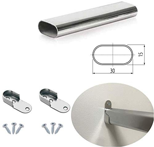 Mkgt® - Asta appendiabiti in metallo da interno armadio, sezione ovale, cromo lucido, tubo da tagliare a misura, con supporti e viti