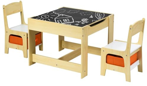 COSTWAY Tavolino Bambini 3 in 1, Set Tavolo e Sedie per Bambini con Lavagna Rimovibile e 2 Sedie con Cestini Portaoggetti, Scrivania Multiuso per Cameretta e Soggiorno (Legno)