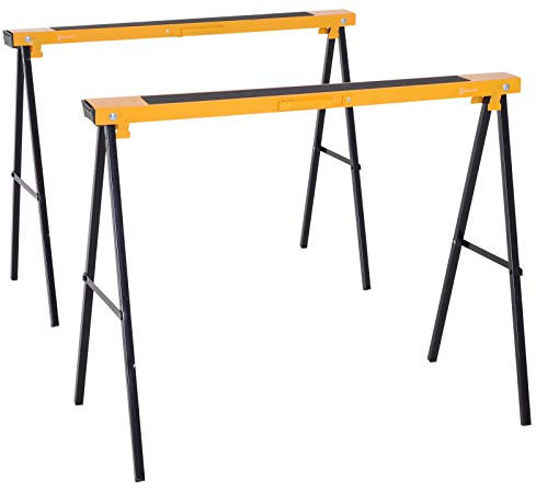 DURHAND Lot de 2 tréteaux Pliables compactes poignée Transport dim. 100L x 50l x 76H cm Surface antidérapante métal Noir Jaune