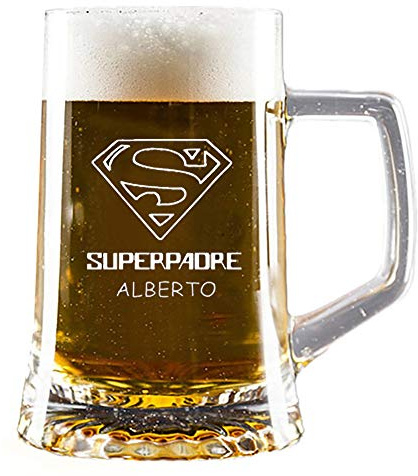 Cadeau personnalisé pour les parents : chope à bière 'Superpère' gravée avec votre nom dans un étui en carton.
