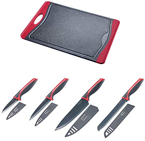 Westmark Set de Découpe/Couteaux 5 pièces, 1 grande Planche à Découper et 4 Couteaux, PP/TPE/ acier inoxydable, rouge/anthracite, 145222E6
