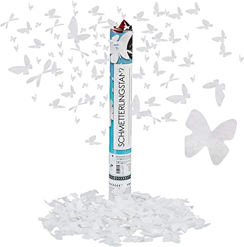 Relaxdays Lanceur de confettis Papillon, Lot de 5, Party Popper Papillons 40 cm, Mariage fiançailles cotillons, Blanc