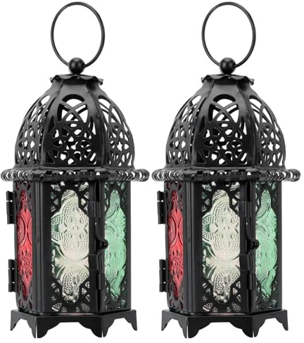2Pcs Laterne Kerzenhalter, Marokkanisch Stil Dekorative Laternen Metall Teelicht Hängelaterne für Indoor Outdoor Events Paritäten und Hochzeiten