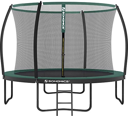 SONGMICS Rund trädgårdstrampolin med säkerhetsnät, stege och vadderade stänger, säkerhetsskydd, svart, mörkgrön STR122C01 Ø 366 cm