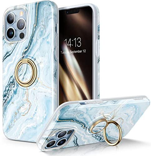 GVIEWIN for iPhone 13 Pro Max Case Marble TPU with Rotatable Ring Holder | Built-in 360° Ring Stand, Slim, TPU, Shockproof, Protective, Stylish Case Cover 6.7 Inch 2021, Seasalt/Blue