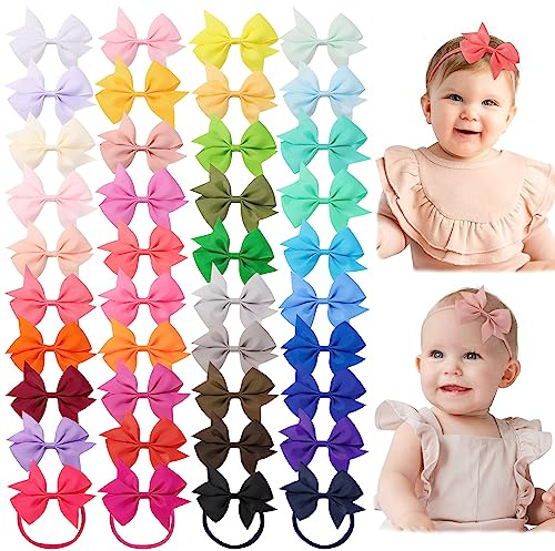 jollybows 40pcs Baby Girls Grosgrain Ribbon Hair Bows Headbands 4 Hair Band Hair Accessories for Infants Newborn Toddler
