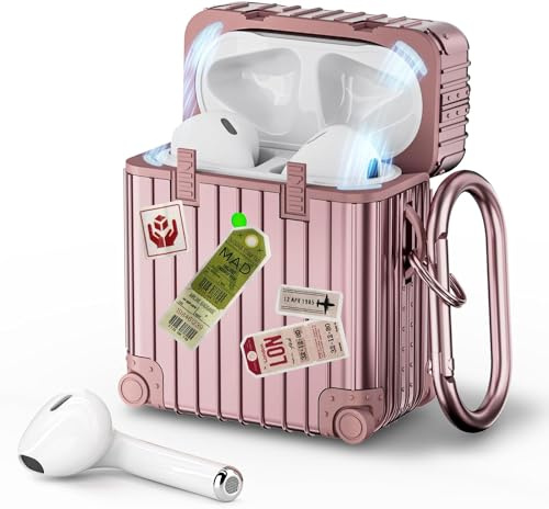 VISOOM für Airpods 2 & 1 Hülle mit Karabiner, Roségold | niedlich Suitcase stoßfeste TPU Schutzhülle für Airpods 1/ 2 Case mit DIY-Aufklebern, Front-LED Sichtbar, Kabelloses Laden