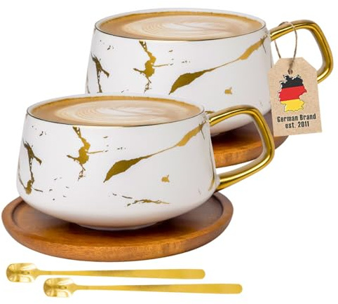 Intirilife Set de 2 tasses - Tasses en céramique au design marbré blanc et or - 200 ml à 300 ml - Tasses à café avec soucoupe en bois -Tasses à thé idée cadeau pour café thé cacao lait