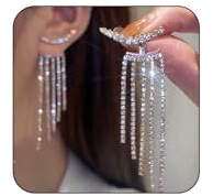 Silver Tassel Prom Earrings Long Sparkly Rhinestone Tassel Dangle Drop Earrings for Women Wedding Jewelry