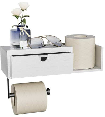 HapiRm Toilettenpapierhalter Ohne Bohren mit Ablage - Klopapierhalter mit Ablage Klorollenhalter Ohne Bohren, Hohe Speicherkapazität Toiletenpapierhalterung Toilettenrollenhalter Holz für Badezimmer