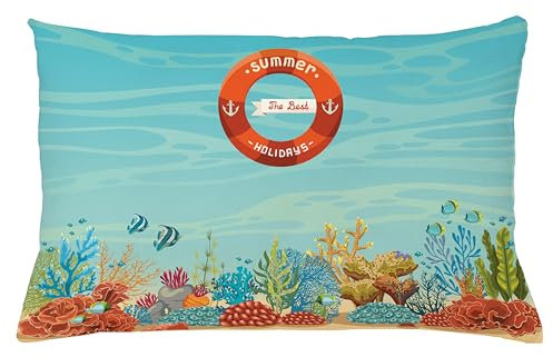 ABAKUHAUS Marine Kissenbezug 2er-Pack, Rettungsring über Korallenriff-Meer tropischer Ozean sprudelt Strand Mystic Subaquatic, 65 x 40 cm, Pale Blau Orange