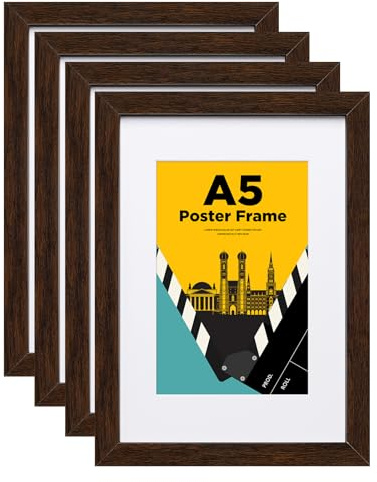 Egofine Bilderrahmen A5, Holzrahmen A5 mit Acrylglas Passepartout für Fotos 10 x 15 cm, Zertifikatsrahmen für Tisch- und Wandmontage,14.8 x 21 cm Posterrahmen für Portrait,Zuhause, Büro, Braun,4er