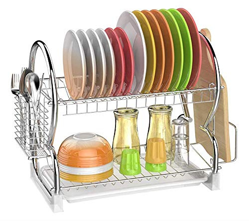 MUL-BOUTIQUE Egoutoire Vaisselle Cuisine INOX, Grande Capacité Égouttoir à Vaisselle Cuisine à 2 Niveaux, avec Bac Récupération Amovible et Crochets pour Tasses et Porte-ustensiles