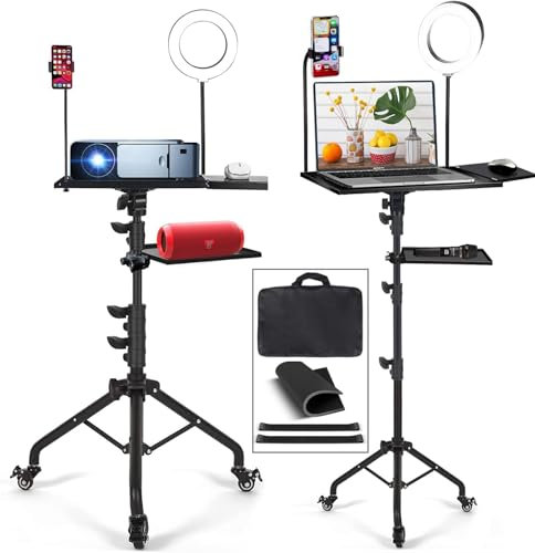 Support pour Projecteur, Trépied de projecteur avec roulettes Support de trépied for ordinateur portable à hauteur réglable avec anneau lumineux LED Sac de transport 2 étagères Plateau de souris Suppo