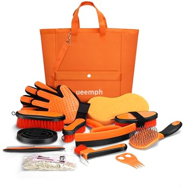 Ueemph Kit per la toelettatura dei cavalli (13 pezzi), spazzole arancioni, borsa portaoggetti, raschietto, pettine per criniera, guanti per la toelettatura dei cavalli, regali per ragazze (arancione)