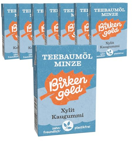 Birkengold Xylit Zahnpflege Kaugummi | Teebaumöl Minze | plastikfrei | 8 Stk. | Natürliche Kaumasse (Chicle) | Ohne Erdöl | Zuckerfrei | Naturkosmetik zertifiziert | vegan