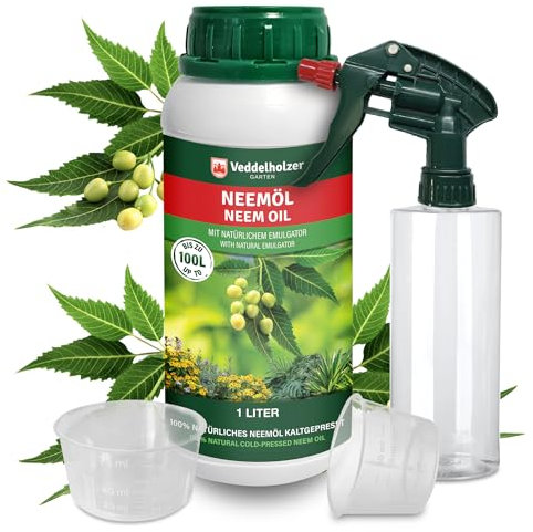 Veddelholzer 1000 ml di olio di neem naturale pressato a freddo, set completo con emulsionante naturale + flacone spray da 500 ml e 2 misurini per la cura delle piante naturali per interni ed esterni