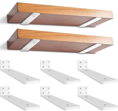 Lot de 6 Supports d’étagère Flottants de 20 cm, Fixations d’étagère Invisibles, Supports en L en Métal Robuste Pour étagères, Support Mural Vis Assorties, Blanc