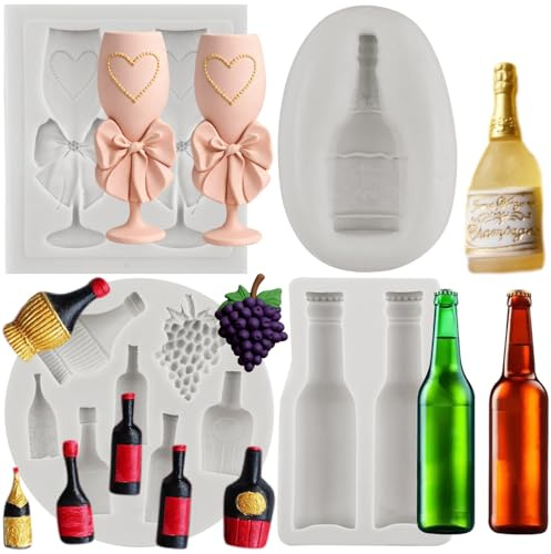 Sijiangmold Wine Bottles Silicone Mould Wine Glass Fondant Moulds Set of 4