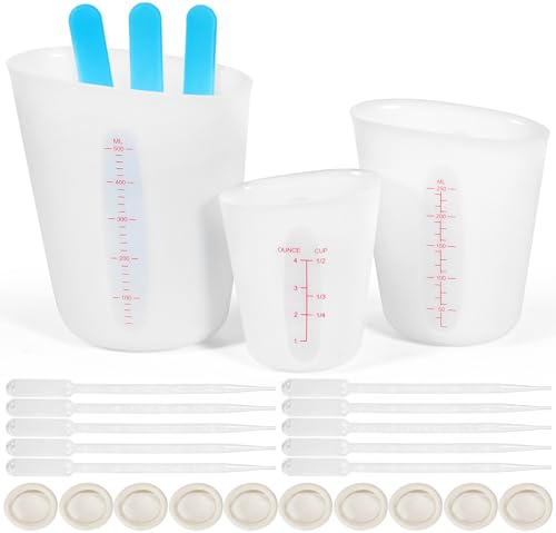 Celepoir 3 Stk Silikon Messbecher für Raysin 125ml 250ml 500ml Mischbecher | Gips Gießen Zubehör Silikonbecher zum Gießen, mit Mischstab, Tropfer & Fingerlinge, für Epoxidharz DIY Basteln Gießformen