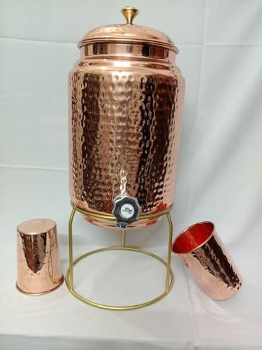 Lalit Kishori Hammered Copper Water Dispenser with Brass Stand and 2 Glasses | Rustproof & Durable | Health Benefits | Leak Proof | Beverrage Storage Tank 1.32 gallon