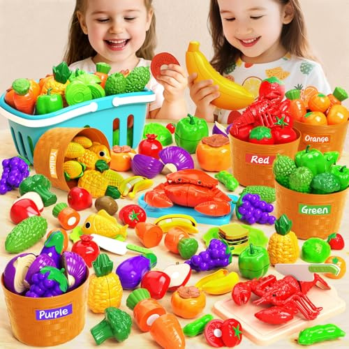 BLmukce Cutting Play Food Set, Pretend Kitchen Accessories, Fake Food with 6 Shopping Storage Basket, Educational Role Plastic Play Toy for Toddlers Boys Girls, Birthday Gifts Age 3 4 5