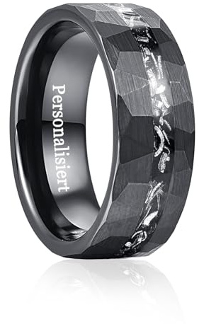 Vakki 8mm Herren Schwarz Wolfram Ring mit Gehämmerter, Strukturierter Einlage aus Meteorit für Hochzeit, Jahrestag, Geburtstag, Größe 54.4(17.3)-67.2(21.4)