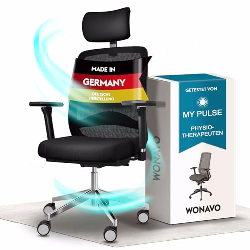 Wonavo® Physio-GEPRÜFT [TESTSIEGER] Ergonomischer Bürostuhl Made in Germany - Bürostuhl ergonomisch & Schreibtischstuhl, Premium Office Chair, 10 Jahre Garantie, Bürostühle fürs Home Office
