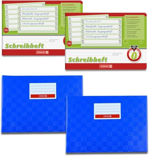 Brunnen Schreibheft Lineatur 0 A5 quer + Hefthüllen A5 quer Set mit 2 Heften und 2 Umschlägen (2 Schreibhefte + 2 rote Umschläge) (2 Schreibhefte + 2 blaue Umschläge)